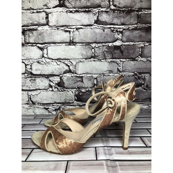 La Fenice Venezia Rose Pink Sequin Beige Suede Open Toe Heels Women Sz 10M US/41 - Picture 4 of 16
